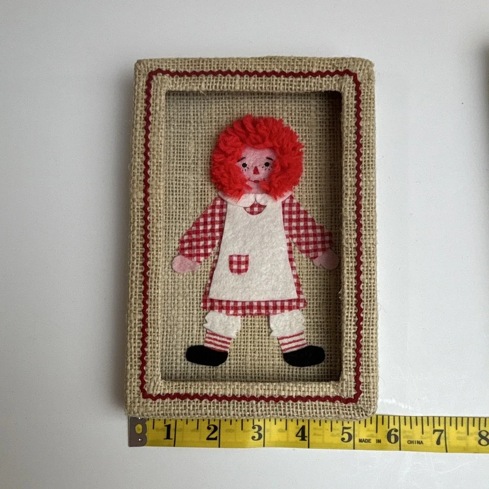 Vintage Raggedy Ann & Andy Burlap  5x7 Gingham set wall art nursery, collectible